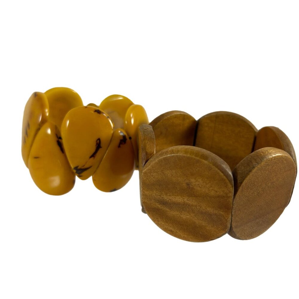 Lot 2 Chunky Wide Stretch Bracelets Yellow Tagua Nut Brown Wood Disc Hippie Boho